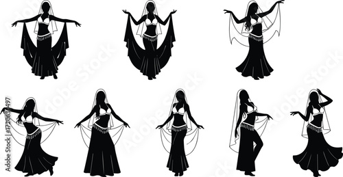 Belly dancer silhouette, traditional dance illustration, oriental woman performance, cultural art design, exotic female dancer, Middle Eastern folk, festival celebration artwork