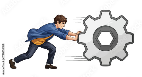 Young Man Pushing a Large Gear Illustration of Hard Work Progress and Success