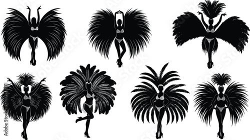Brazilian carnival dancer silhouette, samba woman illustration, exotic feather costume, festival celebration, parade performance art, cultural dance show, entertainment artwork design