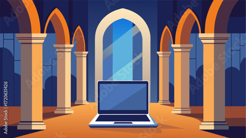 A modern laptop is an incongruous sight amidst the stone pillars and high arched ceilings of a centuriesold monastery.. Vector illustration