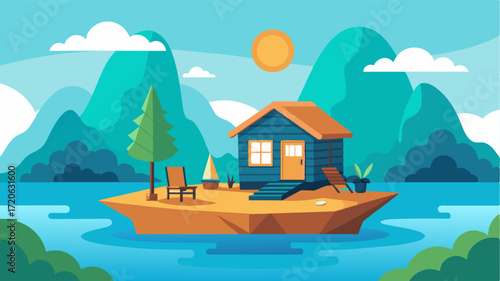 A serene floating cabin nestled in a peaceful cove allowing for uninterrupted work and relaxation. Vector illustration