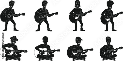 Cartoon guitarist silhouettes, musician playing acoustic guitar, sitting and standing poses, character illustration art, live music performance, vector design clipart