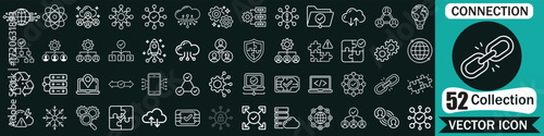  Connectio icon set. Containing network, join, collaboration, connectivity, interaction, cable, integration, and connection icons. Solid icon collection.