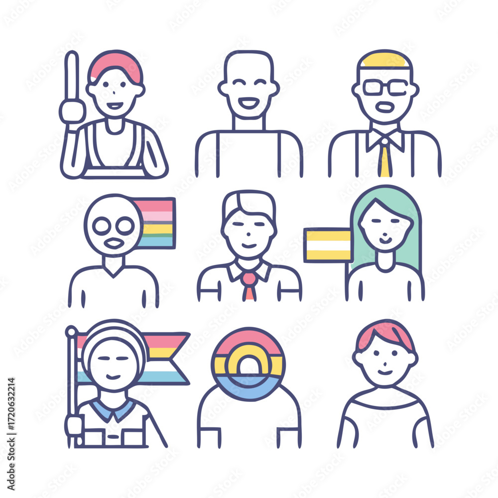Fototapeta premium “Flat outline icons — people of different genders, races, cultures, equality symbol, handshake, teamwork, pride flag, accessibility, disability, community — thin stroke vector.”