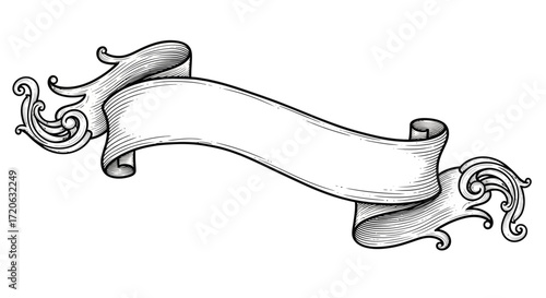 Detailed black and white antique ribbon banner design with decorative swirls ends ideal for