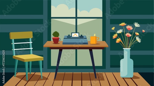 A small foldable table set up on the porch with a typewriter and a vase of wildflowers as decoration.. Vector illustration