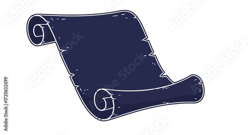 Stylized Illustration of an Old Dark Blue Scroll Unfurled on a White Background