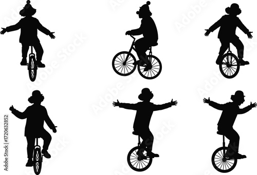 Clown riding unicycle, circus comedy performance, funny act, street entertainer, balance stunt, comic mime silhouette, vintage clown illustration, cycling show