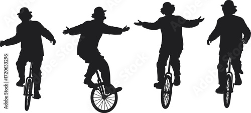 Clown riding unicycle, circus performance, comedy act, street entertainer, balance stunt, funny silhouette, vintage style, skill show, juggling mime illustration vector