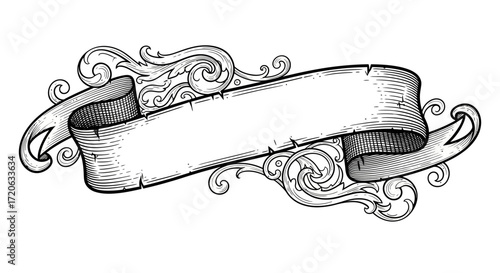 Vintage scroll banner with decorative elements, hand drawn vector illustration creates a timeless
