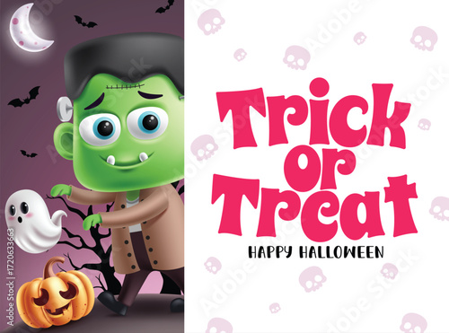 Trick or Treat and Happy Halloween greeting text clipart template. Halloween and Trick or Treat typography space in board frame horror party invitation card template clip art with monster, ghost 