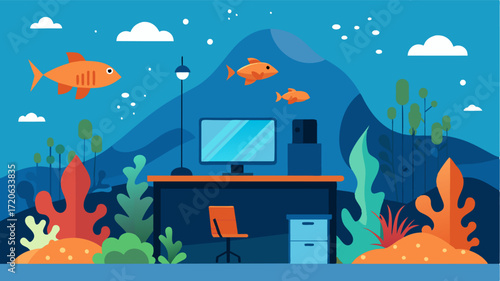 An underwater office complete with coral views and a school of tropical fish offers a unique remote work experience.. Vector illustration