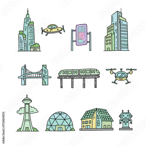 Set of  city icons in hand drawn doodle style. Vector illustration with skyscraper, flying car, neon sign, sky bridge, monorail, drone taxi, space tower, futuristic dome, solar roof, robot kiosk