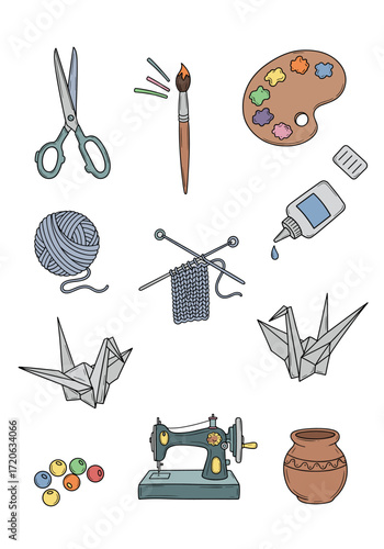 Set of  craft icons in hand drawn doodle style. Vector illustration with scissors, paintbrush, palette, yarn ball, knitting needles, glue, origami, beads, sewing machine,