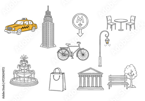 Set of  city icons in hand drawn doodle style. Vector illustration with taxi, skyscraper, metro sign, cafe table, streetlight, bicycle, fountain, shopping bag, museum, park bench
