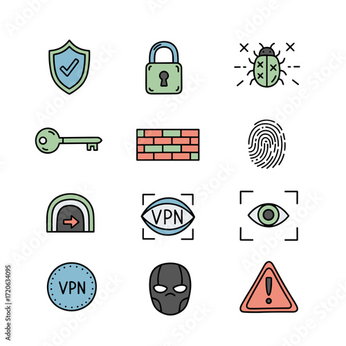 Set of  cybersecurity icons in hand drawn doodle style. Vector illustration with shield, padlock, firewall, virus bug, encrypted key, fingerprint, VPN tunnel, eye scanner, hacker mask, warning alert.