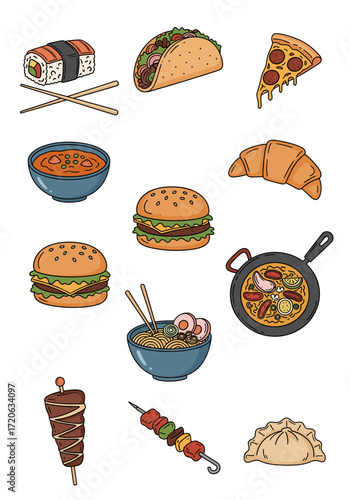 Set of  cuisine icons in hand drawn doodle style. Vector illustration with sushi, taco, pizza slice, curry bowl, croissant, burger, paella pan, ramen bowl, kebab, dumpling