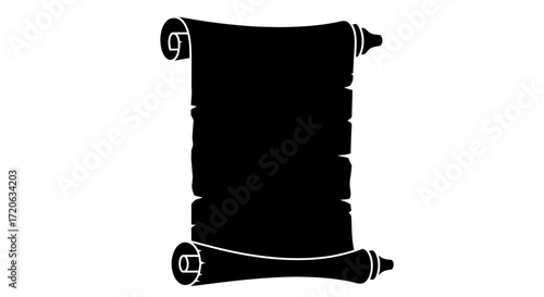 Dramatic black scroll silhouette on white backdrop for historical themes and designs