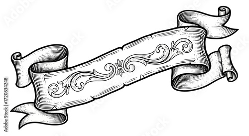 Detailed vintage scroll banner illustration with decorative floral elements etching style