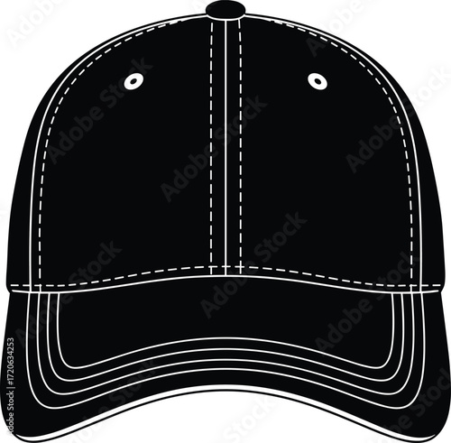 Black baseball cap vector, sport hat silhouette, fashion headwear design, casual cap illustration, stylish sports accessory, modern hat template