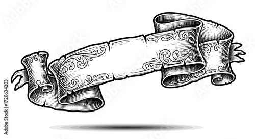 Ornate scroll banner illustration with filigree details ideal for vintage designs