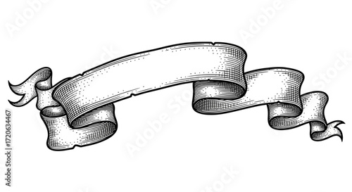 Detailed illustration of an antique ribbon banner with intricate engraving style and classic design