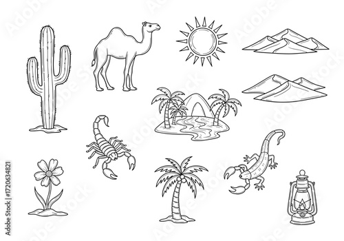 Set of  desert icons in hand drawn doodle style. Vector illustration with cactus, camel, sun, sand dune, oasis, scorpion, lizard, desert flower, palm, lantern