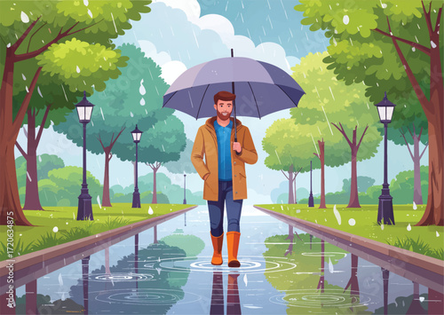 A man is walking slowly through the rain, his figure partly blurred by falling droplets. He holds an umbrella tilted against the wind, while reflections of streetlights shimmer on the wet pavement.