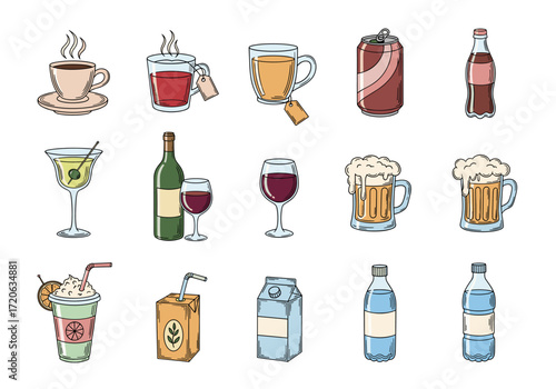 Set of  drink icons in hand drawn doodle style. Vector illustration with coffee cup, tea mug, soda can, cocktail glass, wine bottle, beer mug, smoothie cup, juice box, milk carton,