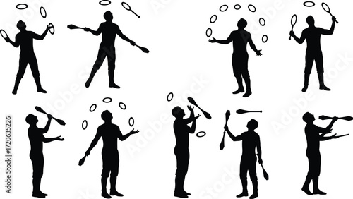 Juggler silhouette, circus performer, juggling rings and clubs, entertainment show, street artist action, skill performance vector, balance coordination illustration design