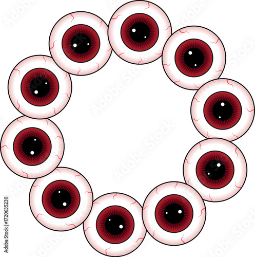 Drawing, illustration clipart of red eyes, dark theme, gothic, eyeball, frame, border, circle.