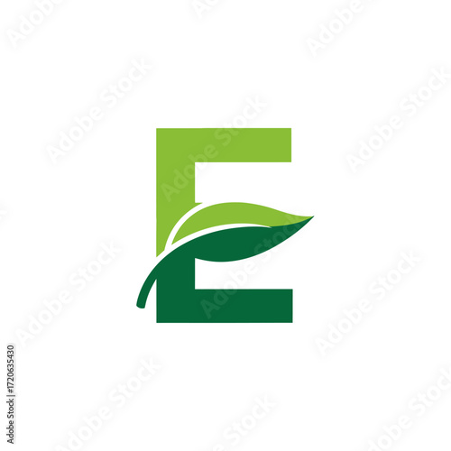 Letter E with Green Leaf Accent Eco-Friendly Design Nature-Inspired Typography Modern Logo.