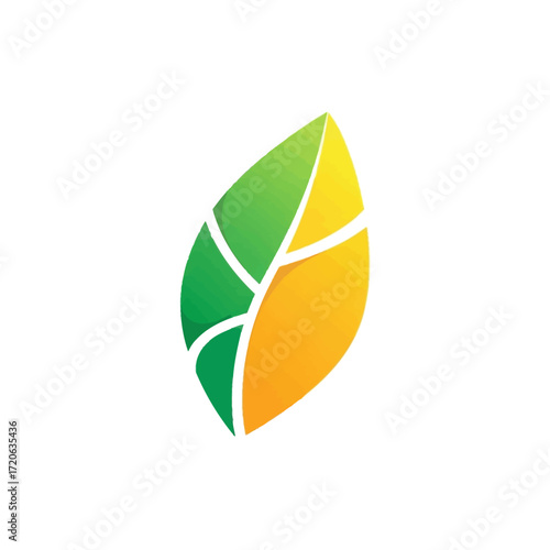 Stylized geometric leaf icon with green and yellow gradient segments and clean white veins.