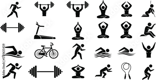 Collection of black and white exercise icons depicting various physical activities and fitness routines