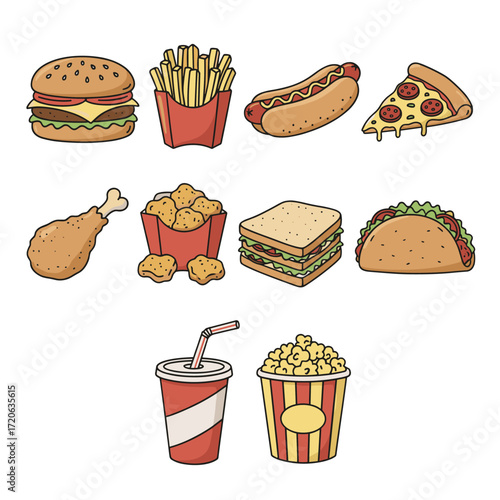 Set of  fast food icons in hand drawn doodle style. Vector illustration with burger, fries, hotdog, pizza slice, fried chicken, nuggets, sandwich, taco, soda cup, popcorn