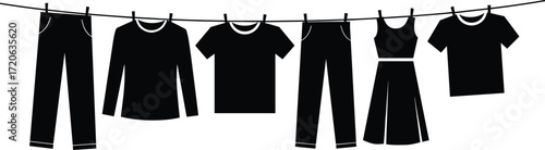 Clothes drying on clothesline, black silhouette apparel, t-shirt, pants, dress, laundry drying, minimalist vector design, fashion illustration, household chores