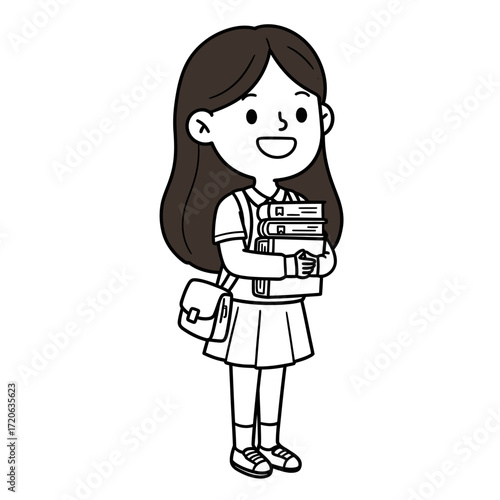 Smiling cartoon schoolgirl with long hair holding a stack of books and wearing a satchel.