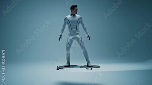 Man In White Futuristic Suit Hoverboarding In Studio With Blue Lighting