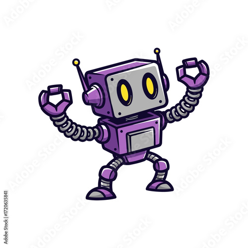 A cheerful purple cartoon robot with a square head yellow eyes and raised mechanical arms.