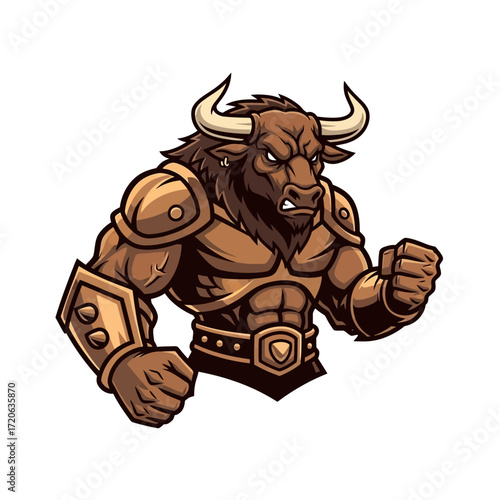 Powerful Armored Bull Mascot in Aggressive Pose.