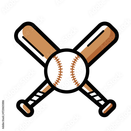 Graphic Illustration of Crossed Baseball Bats and Ball Featuring Brown Wood and White Leather with Red Stitching.