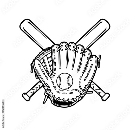 Classic black and white line art illustration of crossed baseball bats a leather glove and a stitched ball.