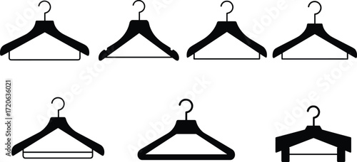 Clothes hanger silhouette, garment holder illustration, fashion accessory vector, black hanger design, wardrobe organizer, closet essential, minimalist style, clothing storage