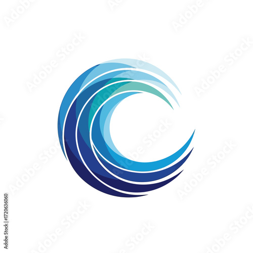 Abstract Blue Wave Logo Design with Layered Curved Lines and Gradient Colors.