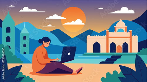 A digital nomad finds peace and quiet in a serene monastery courtyard basking in the warm rays of the sun while working on their laptop.. Vector illustration