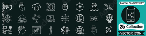 Digital connectivity outline icon set, editable stroke vector illustration for global network link & connection – cyberspace, broadband, satellite, artificial intelligence, cloud, wireless