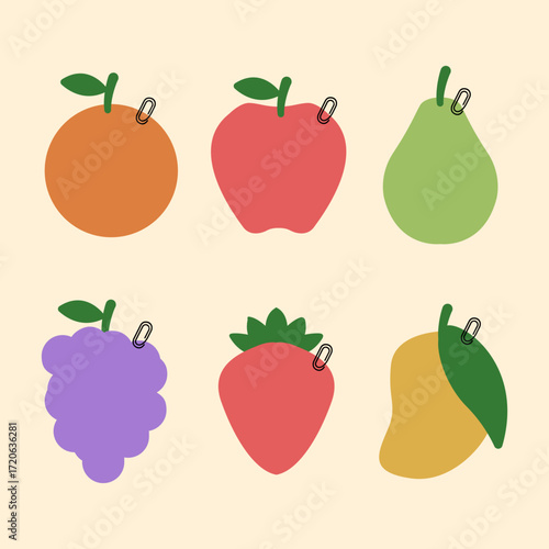 Playful fruit-shaped paper cutouts featuring orange apple pear grape strawberry and mango in cartoon style with metallic rings on beige background suitable for decoration or educational use