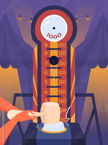 Carnival strength tester game with vertical meter mallet swing and festive tent background capturing playful action and excitement in a stylized amusement park scene