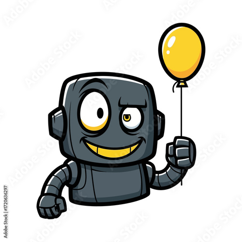 Cheerful Cartoon Robot Holding Yellow Balloon with Mischievous Expression and Smile.