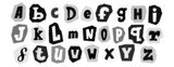 Black halftone alphabet. Retro pixelated letters design. Comic pop art cut out font. Old-fashioned newspapers typography set. Rasterized bitmap English alphabet. Aged textured dotted abc. Vector